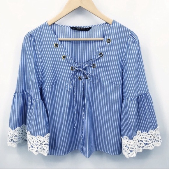 Zara Top Blouse Bell Sleeve Chambray Boho Lace Size Small Blue - Picture 3 of 8